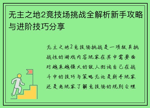 无主之地2竞技场挑战全解析新手攻略与进阶技巧分享