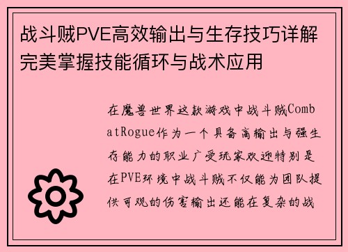 战斗贼PVE高效输出与生存技巧详解 完美掌握技能循环与战术应用