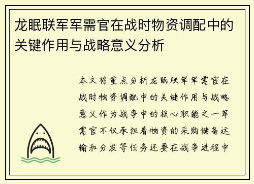 龙眠联军军需官在战时物资调配中的关键作用与战略意义分析